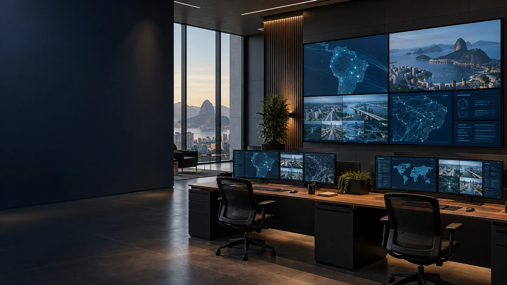 Illustrative control room with a multi-display wall and workstations